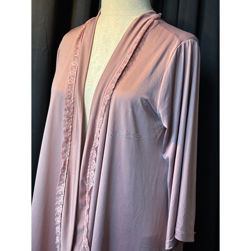 Bebe Sleepwear Womens Large Pink Lace Trim Rhinestone Logo Knit Robe Dusty Rose